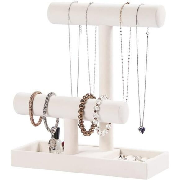 Velvet Jewelry Organizer Stand Bracelet Necklace Holder with Ring Tray Beige - Picture 3 of 8